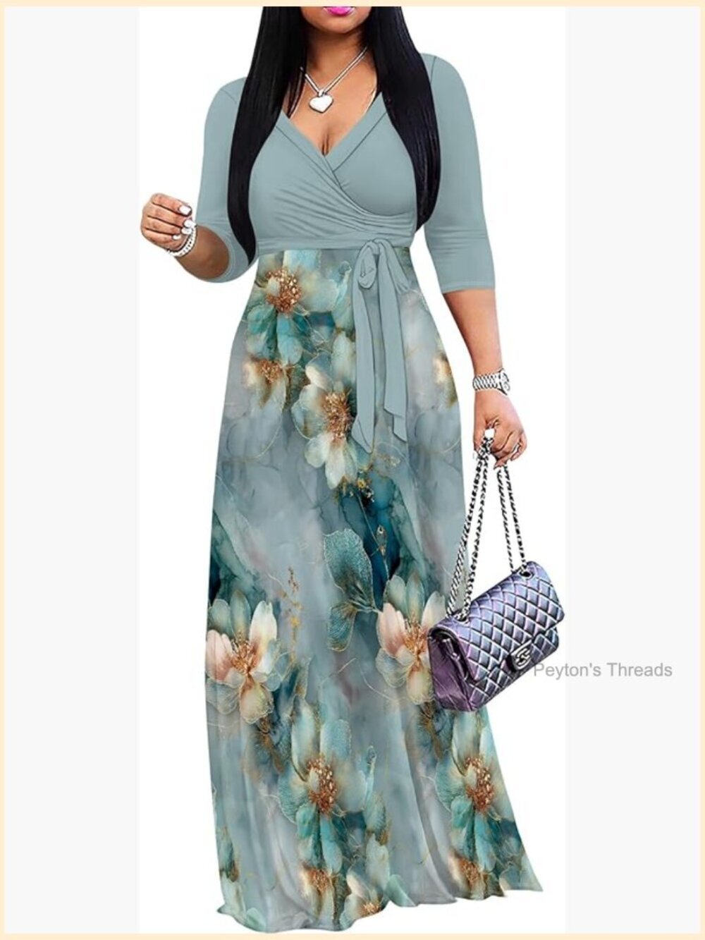 Plus Size Maxi Dress V Neck Flowy Dresses with Pockets